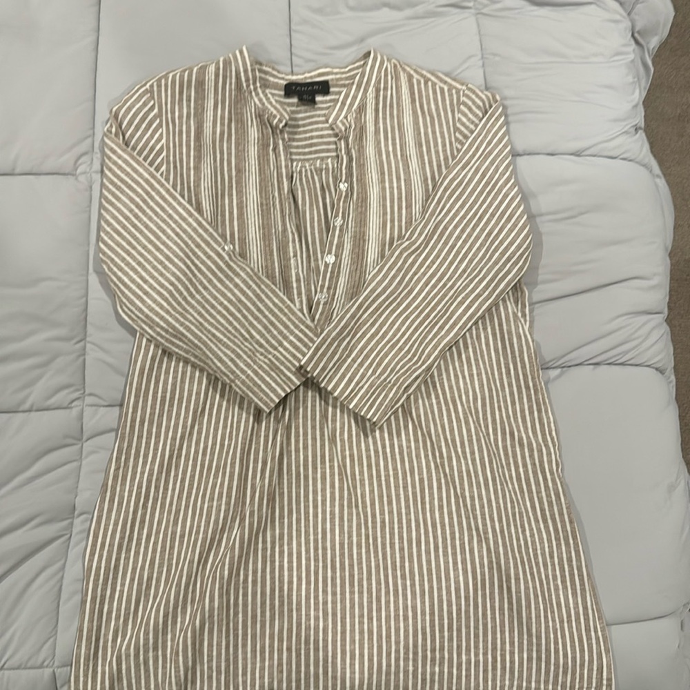 Tahari Beige and White Striped Linen Dress